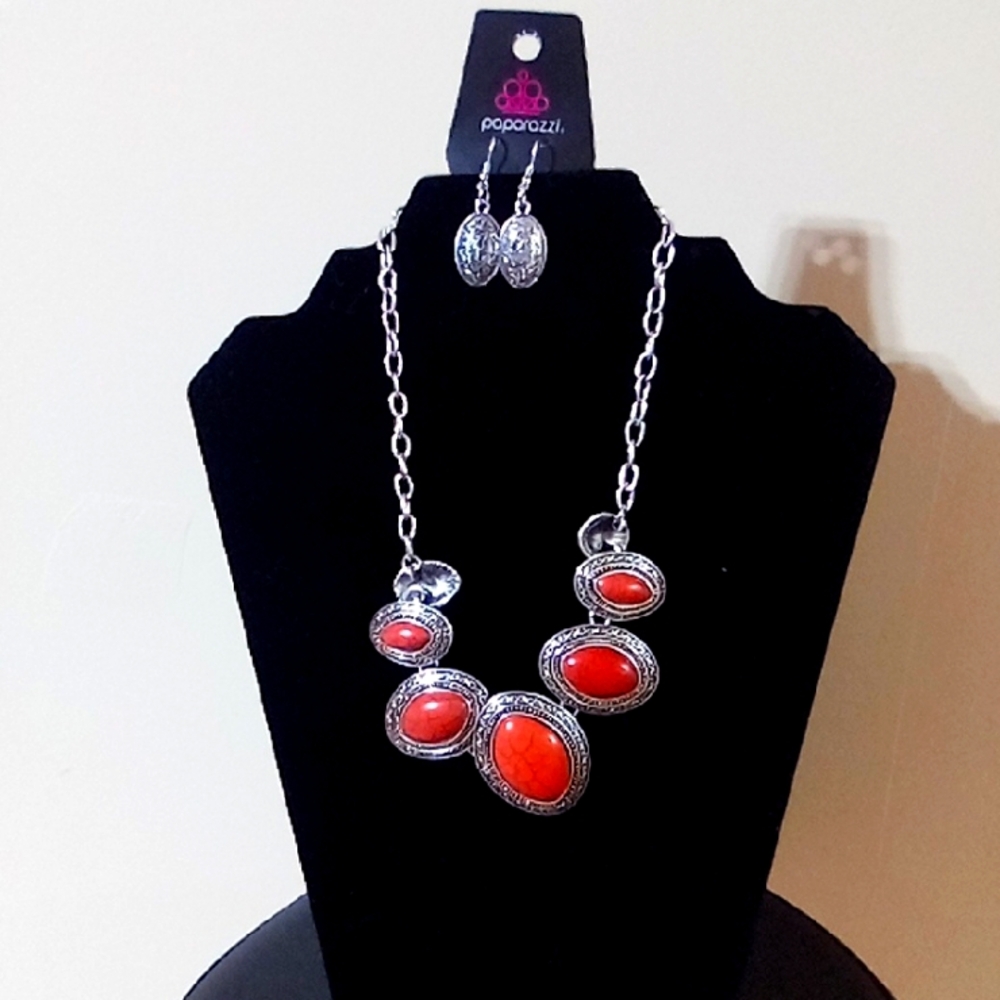 Paparazzi Silver and orange Necklace Set